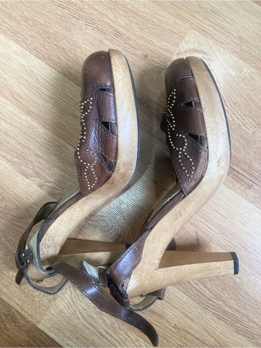Pre-owned Michael Kors Brown Leather High Heeled Studded Women's Sandals
